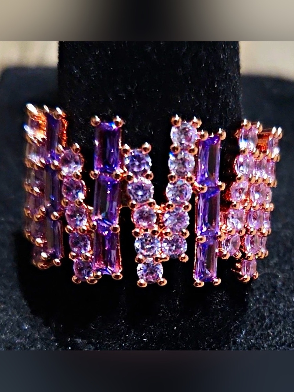 Ring Bomb Party Rose Gold Plated Prong Set Lab-Created Amethyst & CZ Ring Sz 8